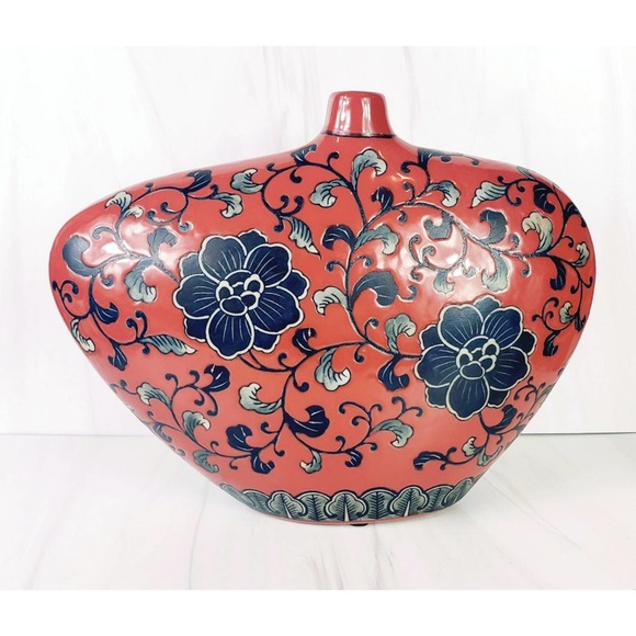 VINTAGE Lopsided Navy,  Gray & Red Floral Abstract Slim Ceramic Vase - Picture 1 of 7